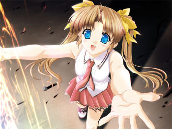 Rule 34 | 00s, 1girl, aqua eyes, blonde hair, blue eyes, blush, brown hair, fang, female focus, frills, from above, game cg, hair ribbon, lamune, long hair, nakazato hikari, necktie, open mouth, outstretched arms, ribbon, shirt, skirt, sleeveless, sleeveless shirt, solo, twintails