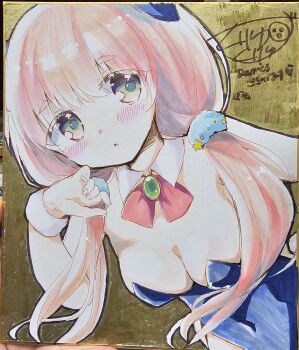 1girl :o absurdres bare_shoulders blue_leotard blush bow brooch collar covered_navel detached_collar green_eyes hair_over_shoulder hand_up highres jewelry kuriyuzu_kuryuu leotard long_hair looking_at_viewer low_twintails original parted_lips photo_(medium) pink_hair red_bow shikishi short_eyebrows signature solo strapless strapless_leotard thick_eyebrows traditional_media twintails very_long_hair white_collar