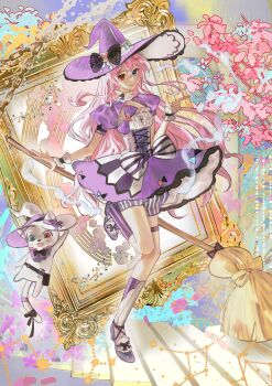 1girl absurdres artist_name asymmetrical_legwear blue_eyes broom cancer_(constellation) cat commentary constellation constellation_print dress finger_gun floral_background flower full_body gemini_(constellation) grin hand_up hat heterochromia highres holding holding_broom leg_up lizhi_chu long_hair looking_at_viewer mismatched_legwear original picture_frame pink_flower pink_hair puffy_short_sleeves puffy_sleeves purple_dress purple_hat purple_shoes purple_shorts purple_socks red_eyes sagittarius_(constellation) shoes short_dress short_sleeves shorts shorts_under_dress smile socks solo standing standing_on_one_leg striped_clothes striped_shorts vertical-striped_clothes vertical-striped_shorts very_long_hair watermark white_socks white_wrist_cuffs witch_hat wrist_cuffs