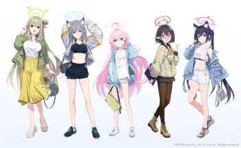 5girls ahoge alternate_costume animal_ear_fluff animal_ears arms_behind_head ayane_(blue_archive) azumi_akitake black_hair black_pantyhose black_shorts black_skirt black_sports_bra blonde_hair blue_archive blue_eyes blue_halo blue_jacket blue_ribbon blush breasts brown_eyes brown_shirt casual cat_ears cat_girl closed_mouth commentary_request crop_top earbuds earphones extra_ears flat_chest foreclosure_task_force_(blue_archive) glasses green_eyes green_halo green_jacket grey_hair grey_jacket hair_between_eyes hair_bun hair_ribbon halo heterochromia highres hoshino_(blue_archive) jacket large_breasts long_hair looking_at_viewer medium_breasts miniskirt multiple_girls navel nonomi_(blue_archive) official_art open_mouth pants pantyhose pencil_skirt pink_hair pink_halo pleated_skirt pointy_ears red-framed_eyewear red_eyes red_halo ribbon serika_(blue_archive) shiroko_(blue_archive) shirt short_hair shorts sidelocks simple_background single_side_bun skirt small_breasts smile sports_bra stomach tank_top twintails watermark watermark_grid white_background white_shirt white_shorts white_skirt white_tank_top wireless_earphones wolf_ears wolf_girl yellow_pants