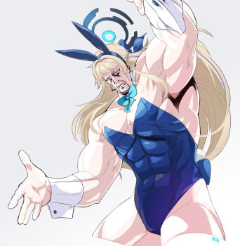 Rule 34 | 1boy, abs, animal ears, blonde hair, blue archive, blue eyes, bow, bowtie, cosplay, crossdressing, crossdressing (mtf), detached collar, facial hair, fake animal ears, goatee, halo, hara tetsuo (style), hokuto no ken, hokuto no ken: shinpan no sousousei kengou retsuden, long hair, male focus, male playboy bunny, muscular, muscular male, naik, name connection, outstretched arms, playboy bunny, simple background, solo, toki (blue archive), toki (blue archive) (cosplay), toki (bunny) (blue archive), toki (hokuto no ken), wrist cuffs