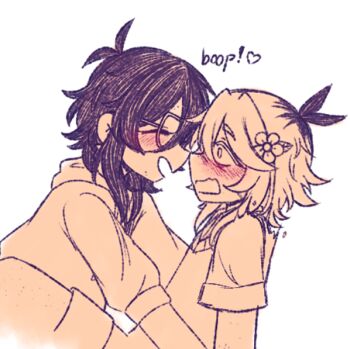 2girls antenna_hair basil_(faraway)_(omori) basil_(omori) blush closed_eyes collared_shirt commentary donuqx english_commentary english_text flower genderswap genderswap_(mtf) glasses hair_flower hair_ornament heart hood hood_down hoodie looking_at_another medium_hair mincy_(omori) monochrome multicolored_hair multiple_girls omori open_mouth roots_(hair) shirt short_hair short_sleeves shorts sidelocks simple_background sketch smile spot_color sweater_vest yuri