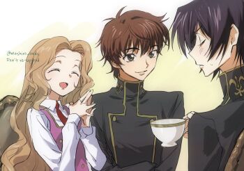 1girl 2boys absurdres ashford_academy_school_uniform blind blush brother_and_sister brown_hair closed_eyes code_geass green_eyes highres kururugi_suzaku lelouch_vi_britannia mashiro_andy multiple_boys nunnally_vi_britannia school_uniform siblings smile wheelchair
