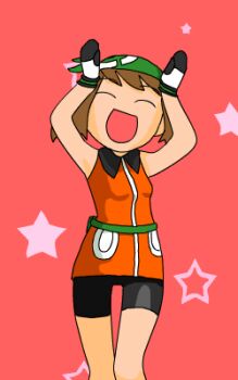 00s 1girl alternate_costume animated animated_gif bag bandana bike_shorts black_gloves breasts brown_hair caramelldansen closed_eyes dancing david_camacho female_focus gloves headscarf jacket long_hair lowres may_(pokemon) may_(pokemon_emerald) nintendo open_mouth orange_jacket pokemon pokemon_rse red_background sleeveless sleeveless_jacket small_breasts smile solo standing star_(symbol) star_symbol_background