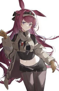 1girl 2naom8q6gt87292 absurdres animal_ears arknights black_shirt blush breasts brown_gloves brown_vest commentary cowboy_shot frown gloves highres long_hair long_sleeves looking_at_viewer medium_breasts navel purple_eyes purple_hair rabbit_ears ray_(arknights) revision shirt solo standing vest visor_cap