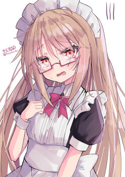 1girl absurdres alternate_costume apron black_dress blush bow bowtie brown_hair collared_dress commentary_request contrast_collar dress enmaided glasses hair_between_eyes highres hizaka kantai_collection long_hair looking_at_viewer maid maid_headdress mochizuki_(kancolle) one-hour_drawing_challenge peanut_mouth puffy_short_sleeves puffy_sleeves red_bow red_bowtie red_eyes short_sleeves sidelocks sign simple_background solo sweat twitter_username upper_body white_apron white_background wrist_cuffs