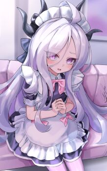 1girl absurdres alternate_costume apron black_dress blue_archive blush bow bowtie commentary_request dress enmaided frilled_apron frilled_hairband frills hairband highres hina_(blue_archive) horns long_hair looking_at_viewer maid maid_headdress multiple_horns own_hands_together peanut_mouth pink_bow pink_bowtie purple_eyes short_sleeves signature solo very_long_hair white_apron white_hair white_hairband yyfuu