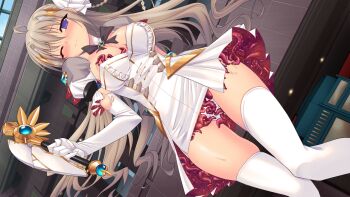 1girl ahoge black_bow blonde_hair blue_eyes blush bow bowtie braid breasts cleavage closed_mouth detached_collar dress dutch_angle elbow_gloves frills game_cg genseishinki_sacred_virth gloves hair_ornament holding indoors large_breasts large_variant_set long_hair looking_at_viewer magical_girl non-web_source official_art one_eye_closed panties puffy_short_sleeves puffy_sleeves purple_eyes sacred_claire short_dress short_sleeves solo sweat tentacle_clothes thighhighs tierna_aeride_throne torn_clothes underwear variant_set weapon white_dress white_gloves white_thighhighs wince yuugure_pairo