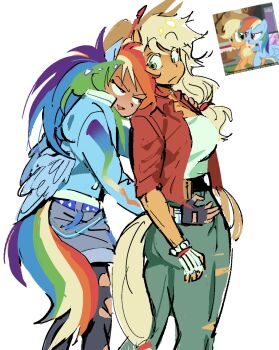 2girls animal_ears applejack ass black_gloves blonde_hair blue_jacket breasts commentary denim denim_shorts derivative_work english_commentary fingerless_gloves freckles gloves green_eyes green_pants highres horse_ears horse_girl horse_tail hug hug_from_behind jacket large_breasts long_hair low-tied_long_hair multicolored_hair multiple_girls my_little_pony my_little_pony:_friendship_is_magic open_clothes open_jacket pants personification pink_eyes rainbow_dash rainbow_hair red_jacket reference_inset screenshot_inset screenshot_redraw shirt shorts simple_background sunnyirry tail tan white_background white_shirt yuri