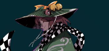Rule 34 | 1girl, absurdres, animal ears, brown hair, checkered clothes, checkered scarf, closed mouth, commentary request, from side, futatsuiwa mamizou, glasses, green background, green kimono, haruaki (onkai planaria), hat bell, highres, japanese clothes, kimono, looking at viewer, medium hair, raccoon ears, raccoon girl, red eyes, scarf, simple background, smile, solo, touhou, upper body