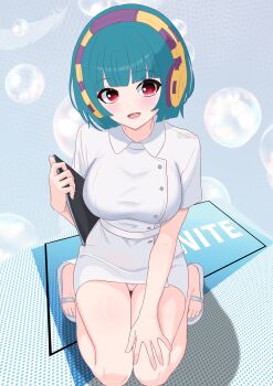 1girl absurdres aqua_hair breasts commentary_request dress fortnite futatunoniji headphones highres medium_breasts medium_hair nurse open_mouth panties pink_panties red_eyes shoes smile solo underwear white_dress white_shoes yuki_(fortnite)