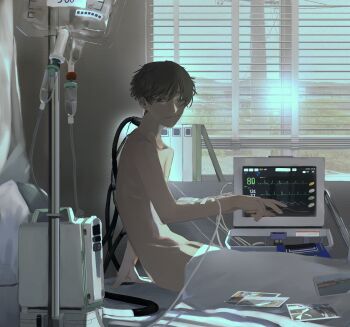 1boy absurdres arm_support bed binder black_eyes blanket brown_hair cable cardiogram choppy_bangs earrings gauze_on_arm hazake_000 highres hip_bones hospital hospital_bed indoors intravenous_drip iv_stand jewelry light_smile looking_at_viewer male_focus muted_color original outstretched_arm photo_inset polaroid_photo recharging sidelighting sitting slouching stud_earrings topless_male undercut window window_blinds