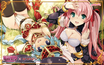 10s 2012 2girls arm_up armor bikini_armor black_legwear blue_eyes blue_hair bracelet breasts cleavage cleavage_cutout clothing_cutout copyright_name crossover curvy detached_sleeves garter_straps gauntlets greaves green_eyes hagure_yuusha_no_estetica headgear highleg highleg_leotard highres jewelry large_breasts leotard loincloth long_hair lying medium_breasts mirim multiple_girls navel official_art official_wallpaper on_back ousawa_miu pauldrons pink_hair queen&#039;s_blade queen&#039;s_blade_rebellion revealing_clothes shiny_skin shoulder_armor sitting smile thighhighs thong_leotard tsurugi_hagane twintails white_leotard wide_hips