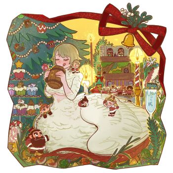 3boys 3girls :q beard beer_mug bell brown_hair candle cane chibi chilchuck_tims chinese_commentary christmas_tree commentary_request cup dungeon_meshi facial_hair falin_touden falin_touden_(chimera) feathers food full_beard highres izutsumi laios_touden mandrake_(dungeon_meshi) marcille_donato mug multiple_boys multiple_girls person_on_shoulder red_ribbon ribbon santa_costume senshi_(dungeon_meshi) sheep tongue tongue_out verbena_(baihetun) white_feathers