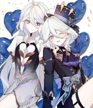 2girls ahoge ascot balloon blue_eyes blue_hair bow commentary dress drop-shaped_pupils focalors_(genshin_impact) furina_(genshin_impact) genshin_impact hair_between_eyes hat heart_balloon heterochromia highres hydro_symbol_(genshin_impact) jacket ku_low light_blush long_hair long_sleeves looking_at_another multicolored_hair multiple_girls one_eye_closed streaked_hair symbol-shaped_pupils top_hat vision_(genshin_impact) white_hair