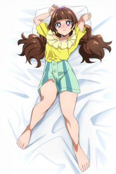 Rule 34 | 1girl, absurdres, amanogawa kirara, barefoot, brown hair, commentary request, dakimakura (medium), earrings, feet, full body, go! princess precure, hairband, highres, jewelry, long hair, looking at viewer, lying, oimanji, on back, pillow, precure, purple eyes, shirt, shorts, solo, star (symbol), star earrings, striped clothes, striped shorts, toes, twintails, vertical-striped clothes, vertical-striped shorts, yellow shirt