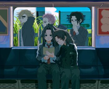 5boys akaza_(kimetsu_no_yaiba) alternate_costume backpack bag black_hair black_jacket black_pants blonde_hair book closed_eyes closed_mouth collared_shirt douma_(kimetsu_no_yaiba) earrings ejimilw hanafuda_earrings hand_up high_ponytail highres holding holding_book jacket jewelry kibutsuji_muzan kimetsu_no_yaiba long_hair male_focus multiple_boys necktie open_book open_mouth pants pink_hair ponytail profile red_eyes red_necktie shirt short_hair sitting sleeping smile spiked_hair sweatdrop tsugikuni_michikatsu tsugikuni_yoriichi white_shirt