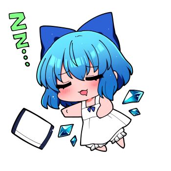 1girl absurdres barefoot blue_hair blue_ribbon blush chibi cirno closed_eyes dress hair_ribbon highres ice ice_wings open_mouth ribbon short_hair sleeping smile solo touhou white_dress wings you_(noanoamoemoe)