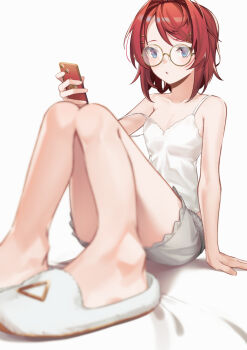 1girl ange_katrina ange_katrina_(6th_costume) arm_support bare_legs bare_shoulders blue_eyes blurry breasts camisole cellphone collarbone commentary_request depth_of_field foreshortening full_body glasses grey_shorts hair_ornament hairclip hairpin hand_up highres holding holding_phone knees_up large_variant_set looking_at_viewer medium_hair multicolored_eyes multiple_hairpins nijisanji parted_lips phone purple_eyes red_hair round_eyewear shorts simple_background sitting sleepwear slippers small_breasts smartphone solo strap_slip th@nk two-tone_eyes variant_set virtual_youtuber white_background white_camisole white_slippers yellow-framed_eyewear