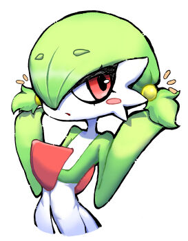 1girl alternate_hairstyle blush blush_stickers colored_skin cropped_torso female_focus flat_chest gardevoir gen_3_pokemon green_skin hair_bobbles hair_ornament hair_over_one_eye hands_up multicolored_skin nintendo notice_lines one_eye_covered open_mouth pokemon pokemon_(creature) red_eyes sara_(sublender1234) short_hair simple_background solo standing twintails two-tone_skin upper_body white_background white_skin