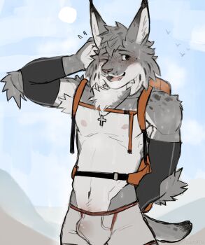 1boy animal_ears artist_name backpack bag bird blush boxers bulge commentary cross cross_necklace echo_(visual_novel) echo_project english_commentary furry furry_male grey_male_underwear highres jewelry looking_at_viewer lynx male_focus male_underwear morskart_(retsito) navel necklace nipples one_eye_closed open_mouth sun sweat tail tj_hess toned toned_male underwear very_sweaty