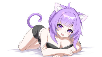 1girl absurdres ahoge animal_ear_fluff animal_ears bare_shoulders black_bra blush bra breasts cat_ears cat_girl cat_tail cleavage collarbone commentary_request highres hololive large_breasts looking_at_viewer lying mazellan medium_hair nekomata_okayu open_mouth purple_eyes purple_hair smile solo tail underwear virtual_youtuber