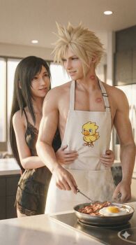 1boy 1girl absurdres after_kiss apron black_hair blonde_hair cloud_strife cooking couple cuote4mikewhere final_fantasy final_fantasy_vii final_fantasy_vii_remake hetero highres hug kiss lingerie looking_at_another tifa_lockhart toned toned_male underwear white_apron