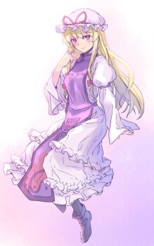 1girl black_boots black_socks blonde_hair blush boots breasts commentary_request dress frilled_dress frills full_body gradient_background hand_up hat juliet_sleeves long_hair long_sleeves medium_breasts mob_cap one-hour_drawing_challenge pink_background puffy_sleeves purple_tabard rangycrow red_eyes red_ribbon ribbon sideways_glance smile socks solo split_mouth tabard touhou white_dress white_hat yakumo_yukari yin_yang yin_yang_print