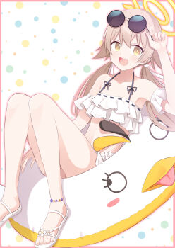 1girl :d absurdres adjusting_eyewear akane_souichi anklet arm_up bare_legs bikini blue_archive breasts brown_hair commentary dot_nose eyewear_on_head flipped_hair frilled_bikini frills full_body hair_between_eyes halo hifumi_(blue_archive) hifumi_(swimsuit)_(blue_archive) highres innertube jewelry light_blush long_hair looking_at_viewer low_twintails midriff official_alternate_costume open_mouth polka_dot polka_dot_background reclining ribbon-trimmed_bikini ribbon-trimmed_swimsuit ribbon_trim round_eyewear ruffle_bikini shoes sidelocks small_breasts smile solo sunglasses swim_ring swimsuit teeth tinted_eyewear twintails upper_teeth_only white_background white_bikini white_shoes winged_halo yellow_eyes yellow_halo
