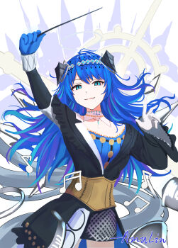 1girl absurdres antenna_hair arknights arm_up beamed_eighth_notes beamed_sixteenth_notes black_jacket black_skirt blue_eyes blue_gloves blue_hair blue_shirt closed_mouth collarbone commentary_request eighth_note gloves hair_between_eyes hand_up highres holding horns jacket looking_at_viewer mostima_(arknights) multicolored_hair musical_note purple_hair quietmrcat shirt signature skirt smile solo streaked_hair white_gloves