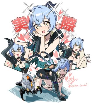 1girl :d absurdres all_fours artist_name blue_hair blush braid breasts cleavage cloak ethereal_(zenless_zone_zero) gloves goat_horns heart highres hood hooded_cloak horns isuka jewelry key key_necklace large_breasts long_hair looking_at_viewer loving_aura low_twin_braids lucia_elowen mole mole_on_arm motion_lines multiple_views necklace open_mouth pointy_ears single_glove smile sparkle twin_braids twitter_username very_long_hair waving_arms white_background yellow_eyes zenless_zone_zero