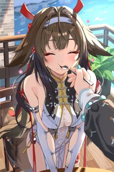 2girls animal_ears bare_shoulders belle_(delicate_sunlight)_(zenless_zone_zero) belle_(zenless_zone_zero) blush breasts brown_hair china_dress chinese_clothes cleavage closed_eyes dress droopy_ears eating feeding female_pov food food_on_face fox_ears fox_girl hair_intakes hair_ornament hairband highres holding holding_spoon jewelry long_hair medium_breasts multiple_girls nao_(naoooo_a) pov pov_hands see-through_cleavage see-through_clothes spoon tail very_long_hair white_hairband ye_shunguang yuri zenless_zone_zero