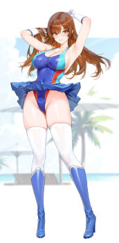 1girl armpits arms_up bare_shoulders blue_boots blue_one-piece_swimsuit blush boots breasts brown_eyes brown_hair commentary_request commission elbow_gloves full_body gloves high_heel_boots high_heels highleg highleg_one-piece_swimsuit highres idolmaster knee_boots large_breasts long_hair long_legs looking_at_viewer nitta_minami one-piece_swimsuit parted_lips pixiv_commission smile solo standing swimsuit thighhighs thighhighs_under_boots thighs toyoman white_gloves white_thighhighs