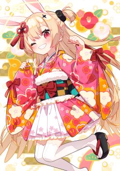 1girl ;d absurdres animal_ears black_sandals blonde_hair blush center-flap_bangs checkered_sash chinese_knot chucolala dot_nose double-parted_bangs floral_background floral_print floral_print_kimono foot_out_of_frame grin hair_ornament hands_up happy highres japanese_clothes kimono kimono_skirt long_hair looking_at_viewer obi okobo one_eye_closed one_side_up open_mouth palmar_flexion paw_pose pinching_sleeves pink_kimono platform_sandals print_kimono rabbit_ears red_eyes sandals sash second-party_source short_kimono smile solo star_(symbol) star_hair_ornament suzumiya_rin tabi tassel tassel_hair_ornament thighhighs uchako very_long_hair virtual_youtuber white_thighhighs wide_sleeves