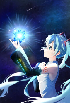 Rule 34 | 1girl, absurdres, aqua eyes, aqua hair, aqua nails, aqua necktie, aqua trim, breasts, character name, character name tattoo, collared shirt, commentary request, detached sleeves, fuyu usagi, grey shirt, hair ornament, hatsune miku, highres, long hair, long sleeves, looking up, medium breasts, necktie, number tattoo, shirt, shooting star, sky, sleeveless, sleeveless shirt, small stellated dodecahedron, solo, space, star (sky), star (symbol), starry sky, tattoo, twintails, very long hair, vocaloid, wide sleeves