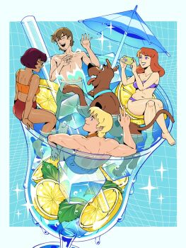 2boys 2girls animal bikini blonde_hair blue_eyes blue_shorts commentary crossed_arms daphne_blake dog drinking_straw english_commentary facial_hair food fred_jones fruit glasses goatee highres holding holding_phone ice ice_cube leg_hair lime_(fruit) lime_slice long_hair mint multiple_boys multiple_girls officeanomaly one_eye_closed orange_hair phone scooby-doo scooby-doo_(character) shaggy_rogers shorts sparkle swimsuit tongue tongue_out umbrella v velma_dinkley