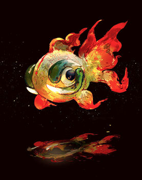 1other black_background chi-yu_(pokemon) commentary_request embers fins fish floating highres nintendo no_humans pokemon pokemon_(creature) reflection solo sukepmonster