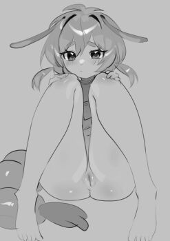 1girl absurdres antennae bottomless commission commissioner_upload highres holding_legs legs_up looking_at_viewer monochrome niniidawns no_panties original pepper_(teuthidan) pussy short_hair shrimp_girl shrimp_tail sitting sketch