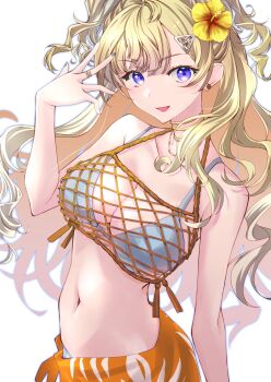 1girl bikini blonde_hair breasts cleavage commentary_request cowboy_shot flower hair_between_eyes hair_flower hair_ornament hairclip highres kantai_collection large_breasts long_hair looking_at_viewer mesh minneapolis_(kancolle) minneapolis_(swimsuit)_(kancolle) navel official_alternate_costume open_mouth orange_sarong purple_eyes sarong simple_background smile solo swimsuit tsukasa_(tukasa_br) two_side_up wavy_hair white_background white_bikini