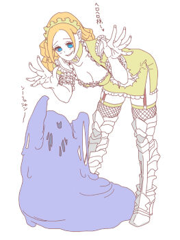 1girl armored_boots blonde_hair blue_eyes boots breasts cleavage fishnet_thighhighs fishnets herohero_(overlord) large_breasts looking_at_another maid maid_headdress monster_girl overlord_(maruyama) rakugakingu slime_(creature) slime_(substance) slime_girl solution_epsilon thighhighs