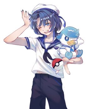 Rule 34 | 1girl, ;d, black nails, black neckerchief, black pants, blue eyes, blue hair, blue sailor collar, hat, highres, hiodoshi ao, holding, holding poke ball, hololive, hololive dev is, kakususipo, neckerchief, nintendo, one eye closed, open mouth, pants, poke ball, pokemon, pokemon (creature), quaxly, sailor collar, sailor hat, sailor shirt, shirt, simple background, smile, virtual youtuber, white background, white shirt