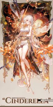 Rule 34 | 1girl, absurdres, barefoot, blonde hair, carriage, character name, cinderella (silver palace), commentary, dress, english commentary, fire, high heels, highres, holding, holding sword, holding weapon, logo, long hair, official art, silver palace, solo, sword, thighs, weapon, white dress, white horse