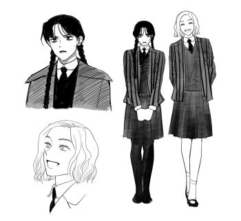 2girls arms_behind_back black_hair black_necktie black_pantyhose black_shoes black_skirt blonde_hair braid closed_eyes collared_shirt commentary_request dailysarndean enid_sinclair frown full_body greyscale highres jacket korean_commentary long_hair mary_janes monochrome multiple_girls necktie open_mouth own_hands_together pantyhose pleated_skirt school_uniform shirt shoes short_hair skirt smile socks striped_clothes striped_jacket suit_jacket sweater swept_bangs the_addams_family twin_braids upper_body wednesday_(netflix) wednesday_addams white_background white_shirt white_socks