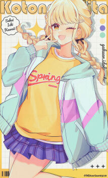 1girl absurdres black_ribbon blonde_hair blue_jacket character_name collarbone commentary_request cowboy_shot fang fujita_kotone gakuen_idolmaster hair_ornament hairclip highres idolmaster jacket long_hair long_sleeves looking_at_viewer mitorine0310 one_eye_closed open_mouth plaid_clothes plaid_skirt ribbon romaji_text shirt skin_fang skirt sparkle translation_request v yellow_shirt