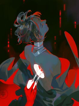 1other androgynous arms_at_sides back back_focus bandaged_neck bandages bare_back black_theme brown_hair closed_eyes closed_mouth color_contrast colored_skin commentary dark_background english_commentary expressionless eyelashes facing_away from_behind glowing glowing_heart grey_robe grey_theme head_back heart heart_(organ) holding holding_heart_(organ) hole_in_chest hole_on_body limited_palette loika median_furrow messy_hair original out_of_frame outline outstretched_hand profile red_background red_outline red_skin red_theme ripping robe robe_partially_removed simple_background skinny symbolism two-tone_background two-tone_robe upper_body wavy_hair