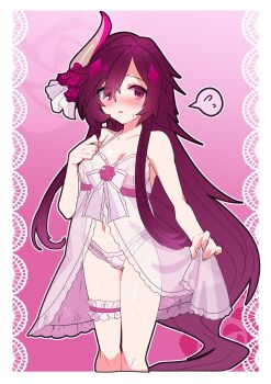 1girl averting_eyes blush bra breasts camisole camisole_lift cleavage clothes_lift commentary_request cropped_legs eyebrows_hidden_by_hair flower flying_sweatdrops frilled_thigh_strap hair_between_eyes hair_flower hair_ornament highres lifting_own_clothes lingerie long_hair looking_to_the_side medium_breasts navel onasu_(sawagani) open_mouth original panties purple_eyes purple_hair solo spoken_flying_sweatdrops stomach sweatdrop thigh_strap underwear very_long_hair white_bra white_camisole white_panties