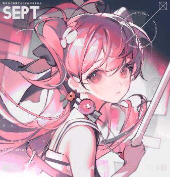 1girl ahoge animated animated_gif baibaibaizai bare_arms bare_shoulders belt belt_buckle black_bow bow brown_eyes buckle chest_belt chinese_commentary choker closed_mouth commentary_request commission earrings easel expressionless eyelashes eyeshadow floating_clothes floating_earrings floating_hair flower hair_between_eyes hair_bow hair_flower hair_ornament holding holding_stick indoors jewelry leaf light_blush light_frown long_hair makeup making-of mole mole_on_cheek necklace original pink_belt pink_eyeshadow pink_hair pointy_nose poster_(object) sample_watermark single_stripe solo stick striped_choker striped_tank_top swept_bangs tank_top two_side_up upper_body very_long_hair watermark white_choker white_flower white_tank_top