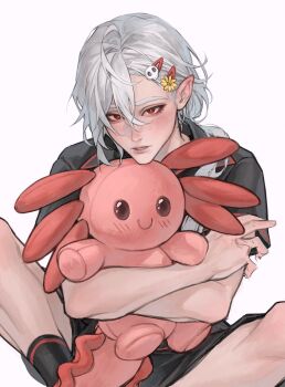 Rule 34 | 1boy, a date with death, aegyo sal, axolotl, black shirt, blush, casper (a date with death), collared shirt, hair between eyes, hair ornament, hairclip, highres, hugging object, knees up, looking at viewer, male focus, oneem0, parted lips, pointy ears, red eyes, red trim, shirt, sidelocks, solo, stuffed animal, stuffed toy, toned, toned male, white hair
