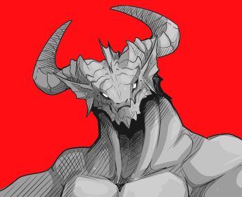 1boy dragon_boy furry furry_male greyscale_with_colored_background horns lluisabadias looking_at_viewer original portrait red_background simple_background solo
