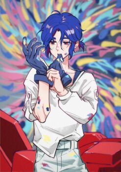 1boy absurdres blue_hair colored_inner_hair glove_in_mouth gloves gundam gundam_gquuuuuux half-closed_eyes highres makiui_maeda male_focus mouth_hold multicolored_hair paint_on_body paint_on_clothes paint_splatter paint_splatter_on_face ponytail purple_hair red_eyes shirt short_hair shuji_ito solo two-tone_hair white_shirt